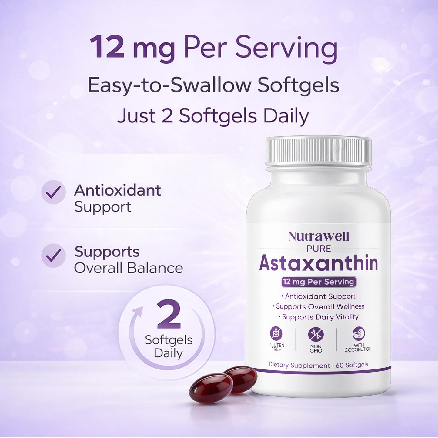 QUZOYU NutraWell Astaxanthin 12mg with Coconut Oil Antioxidant Support Supplement Softgels, 60 Count