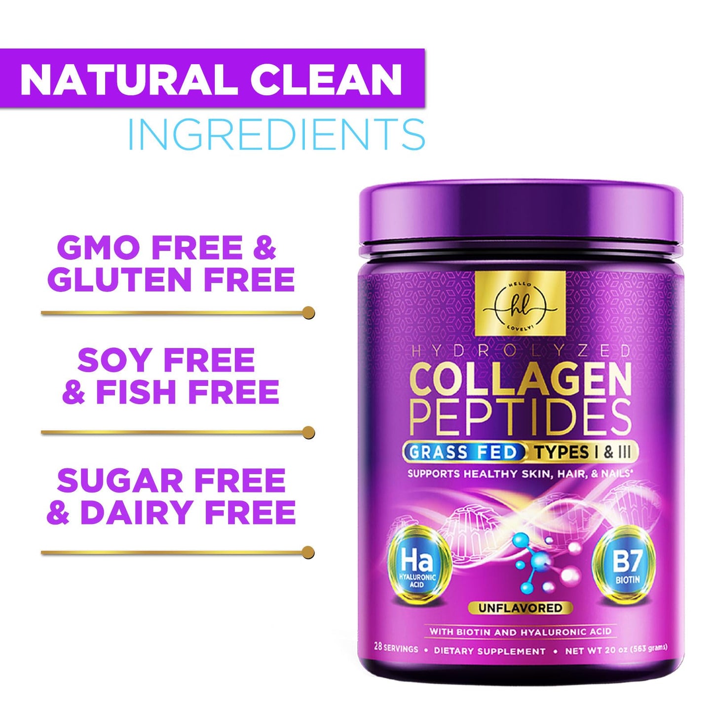 Hello Lovely! Collagen Peptides Powder 20 g per serving, Grass Fed Hydrolyzed Collagen Powder Type I & III with Hyaluronic Acid & Biotin for Women, Unflavored, Hair, Skin, Nails & Joint Support, 28 Servings