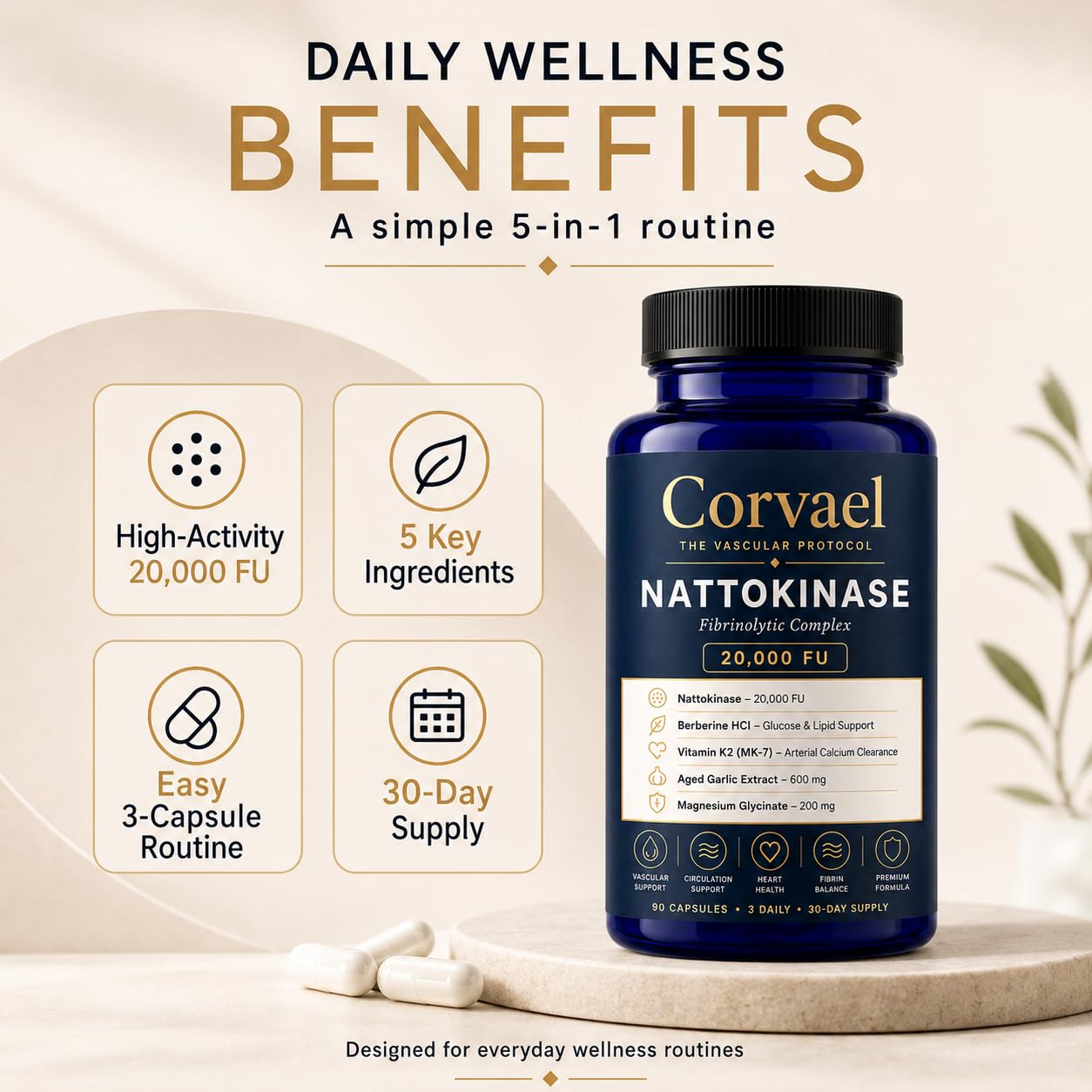 Corvael Nattokinase Supplement 20,000 FU with Vitamin K2 MK-7, Berberine, Aged Garlic Extract and Magnesium Glycinate, Daily Circulation Support, 90 Capsules