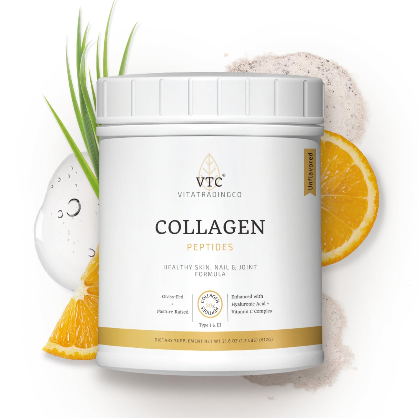 VTC Grass-Fed Collagen Peptides Powder 21.6 oz Type I & III, Hyaluronic Acid & Vitamin C, Healthy Hair, Skin & Joints, Non-GMO, Paleo, Keto