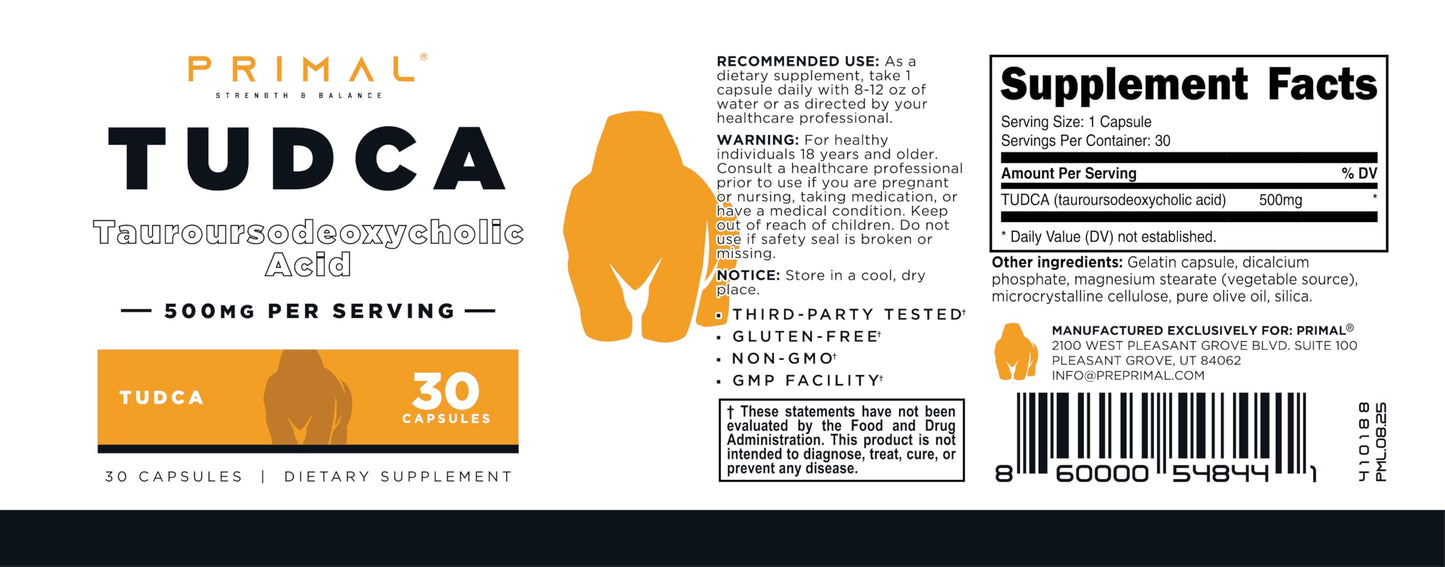 Primal Tudca 500mg Tauroursodeoxycholic Acid Supplement Capsule, 30 Count