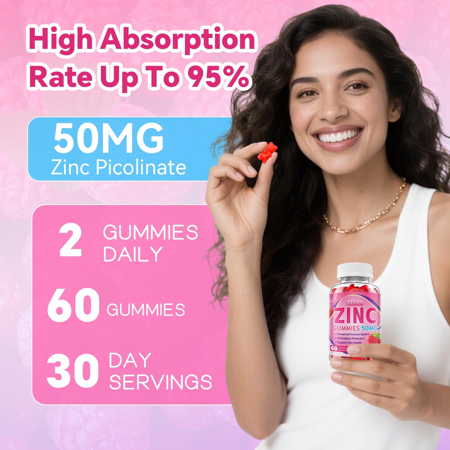 XIAAN Zinc Picolinate Gummies 50mg for Kids & Adults, Raspberry Flavor, 60 Count
