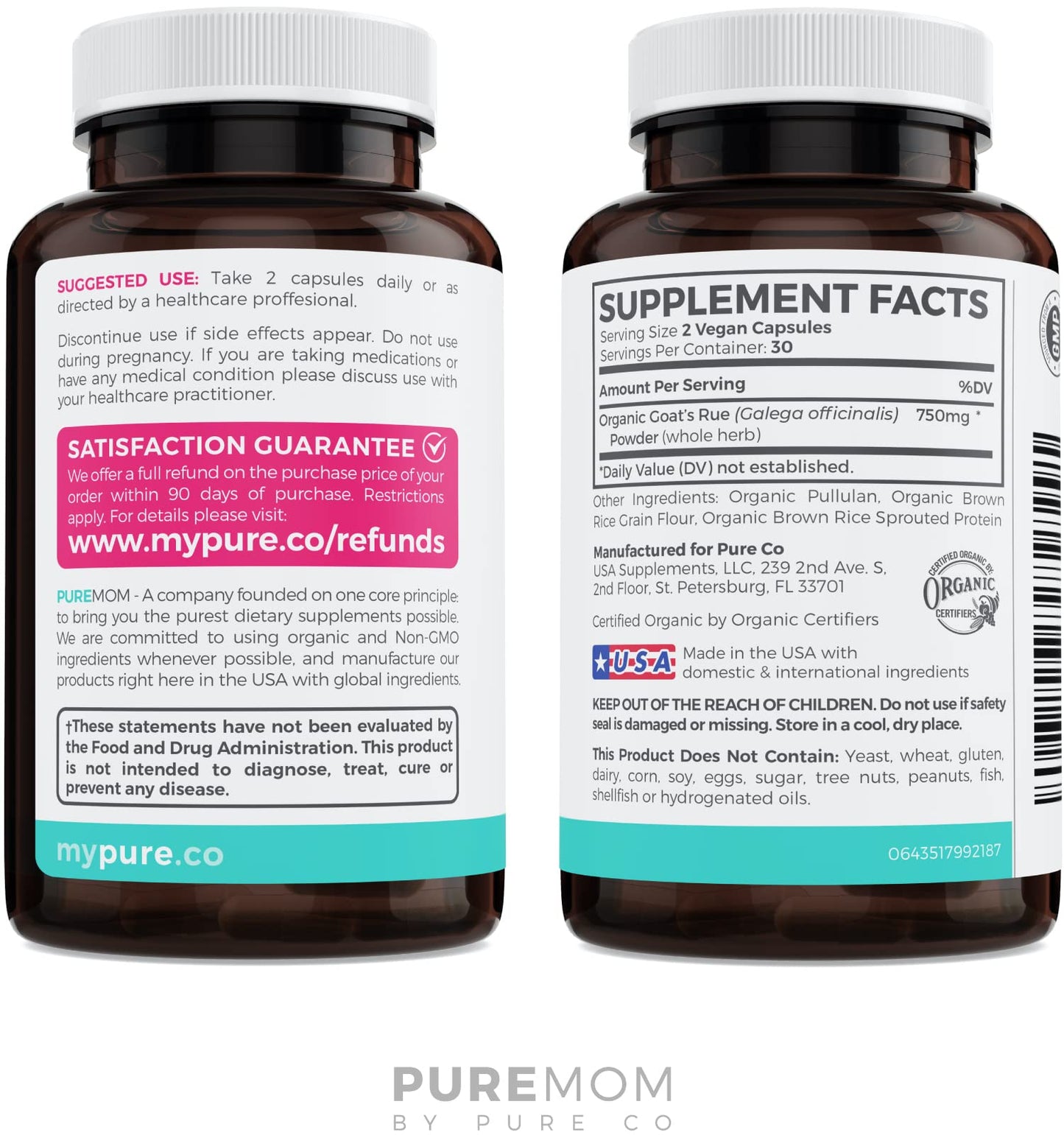 PURE CO Goat's Rue Lactation Supplement Capsules, 60 Count