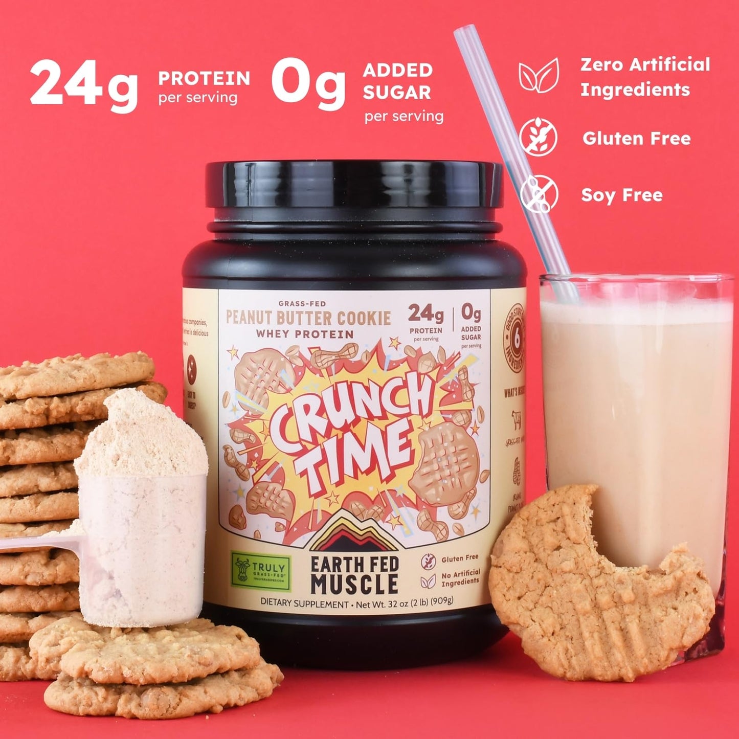 Earth Fed Muscle Crunch Time Grass Fed Whey Protein Isolate Powder Peanut Butter Cookie, 32 Servings