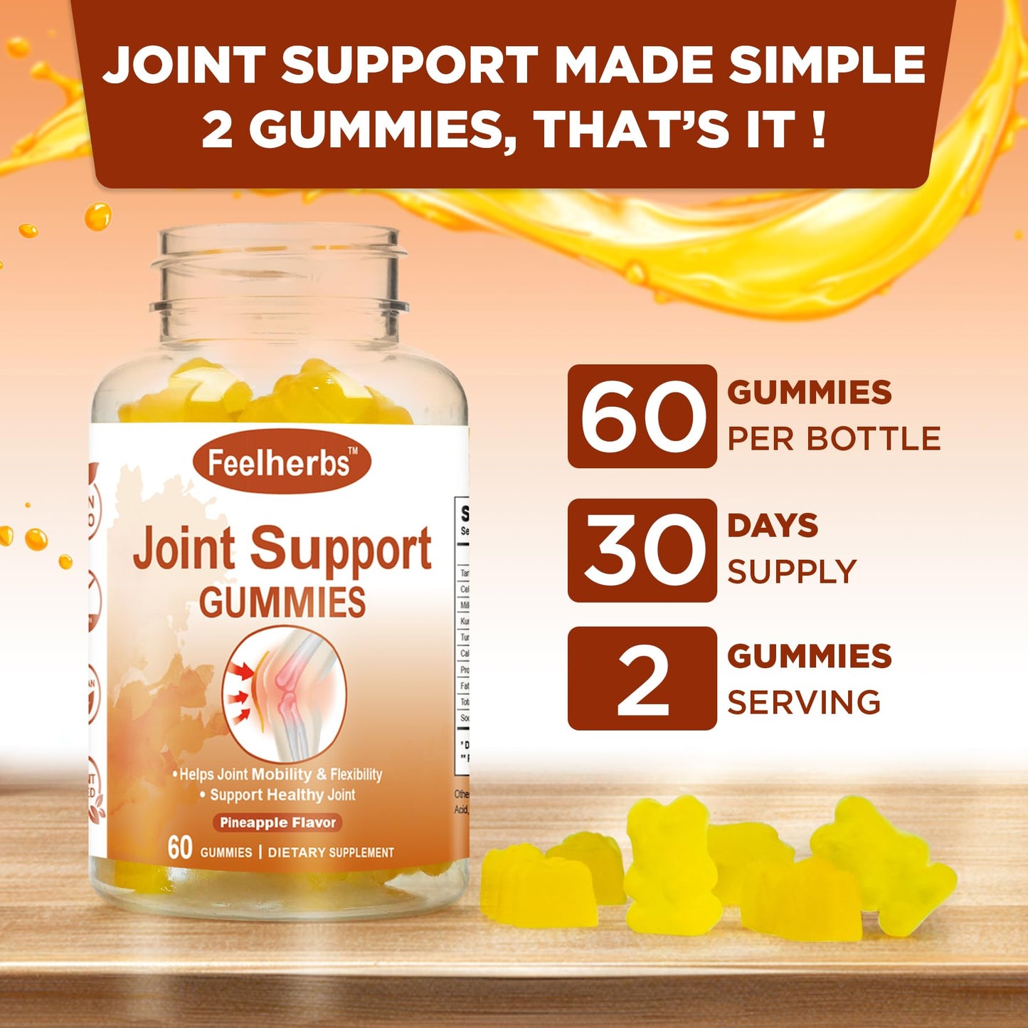Feelherbs Natural Joint Support Gummies for Women & Men, Pineapple, Extra Strength, with Turmeric & Tart Cherry, Glucosamine-Free, 60 Count