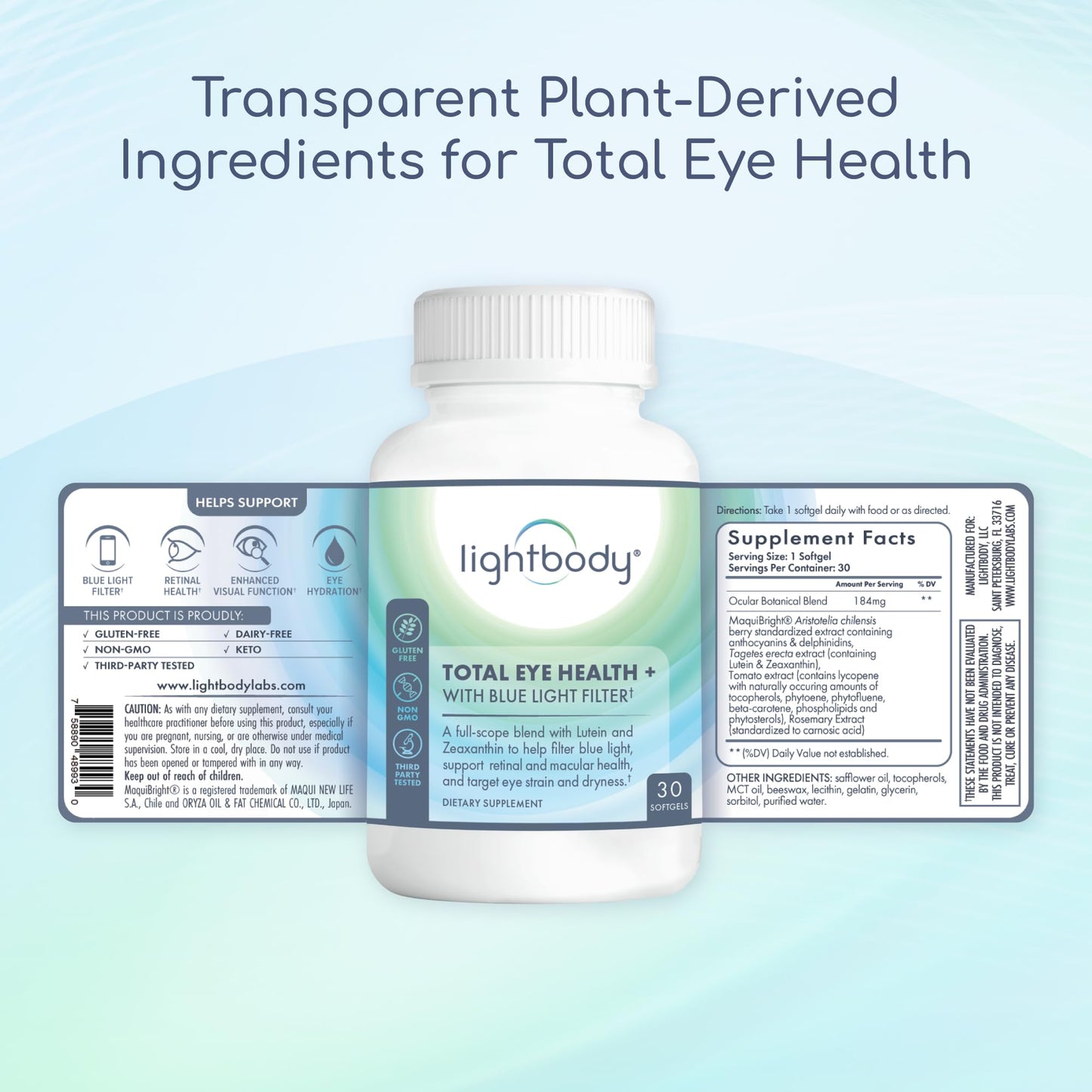 Lightbody Total Eye Health+ Lutein & Zeaxanthin Eye Supplements with Plant Extracts for Visual Wellness & Daily Comfort Non-GMO Eye Vitamins for Adults Softgel, 1 Count