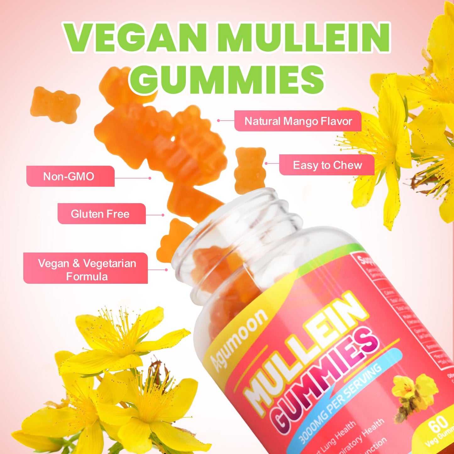 Agumoon Mullein Gummies, Extra Strength Mullein Leaf Extract with Quercetin & Bromelain, Mango Flavor, 120 Count