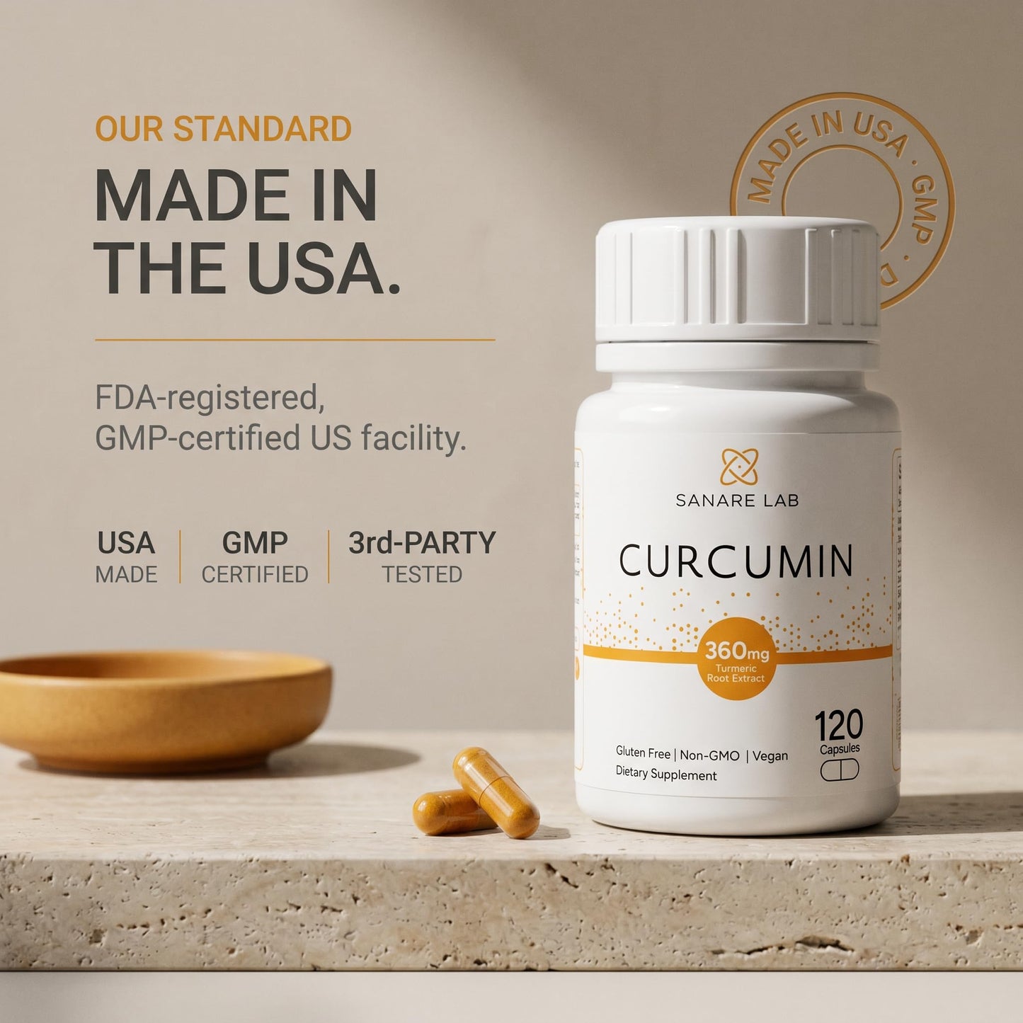 Sanare Lab Curcumin Turmeric 360 mg per Serving, Capsules, 120 Count with Black Pepper & Phytosome Extract, Joint & Cellular Support