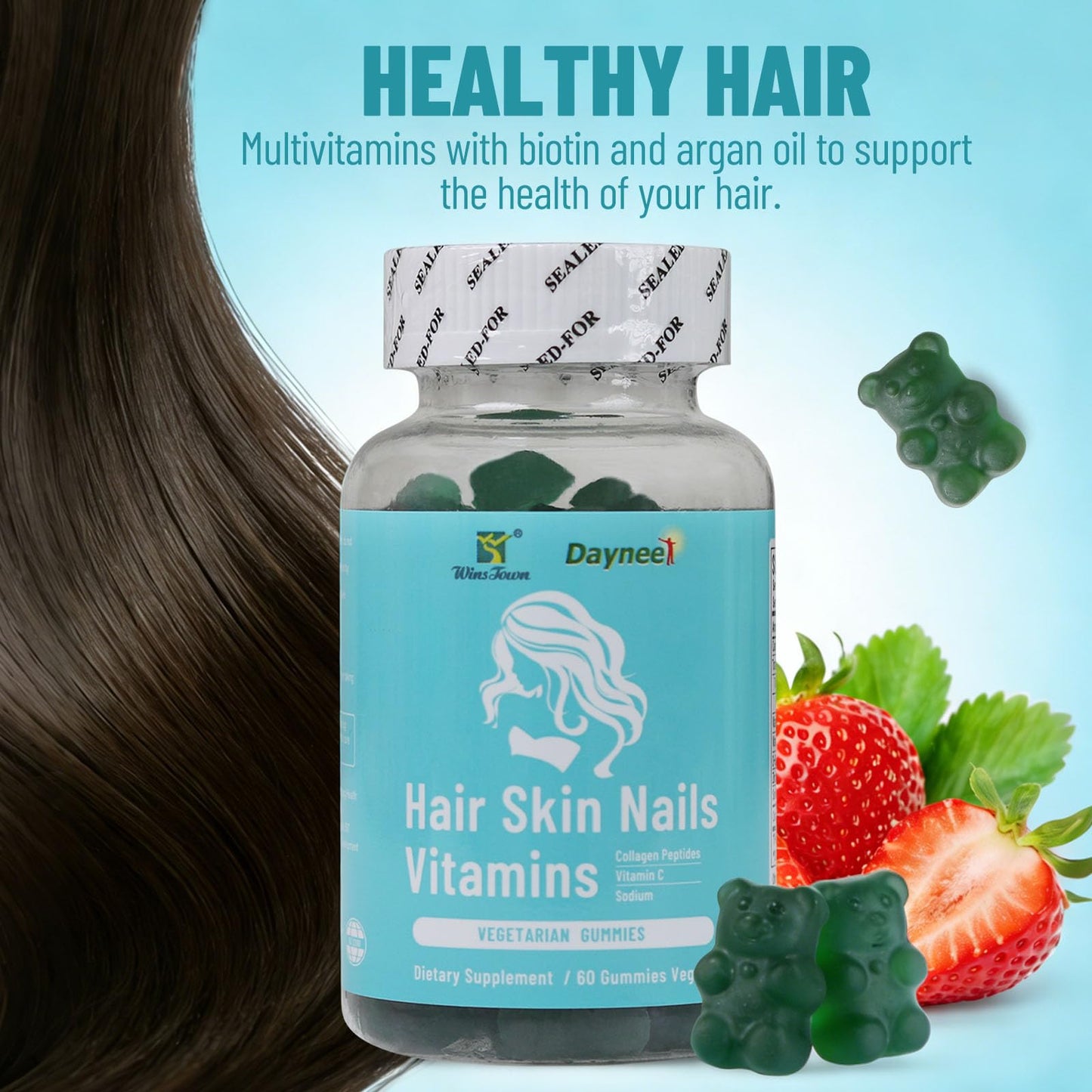 Wins Town Hair Skin Nails Vitamins Gummies with Collagen, Vitamin C, Sodium, 60 Gummies