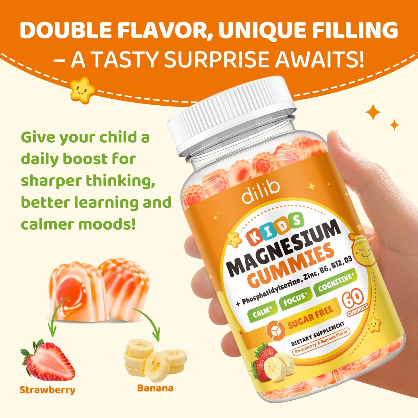 dilib Magnesium Glycinate Gummies 120 Count, Brain Support with Phosphatidylserine, L-Theanine, Zinc, for Kids & Adults, Sleep & Cognition, Strawberry & Banana Flavor