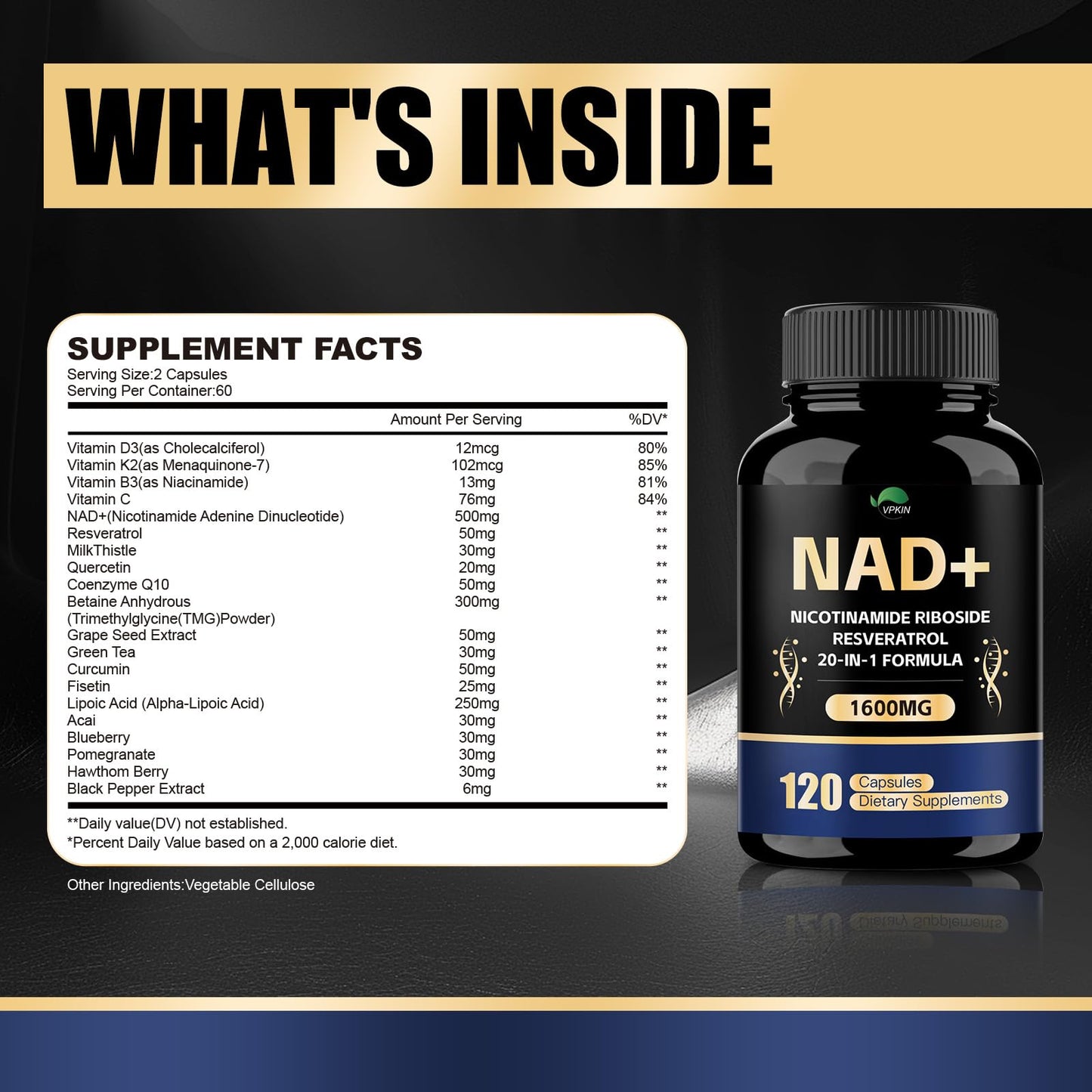 VPKIN NAD+ 1500mg Supplement with Resveratrol, Nicotinamide, Quercetin & CoQ10, Non-GMO, No Fillers, 120 Capsules