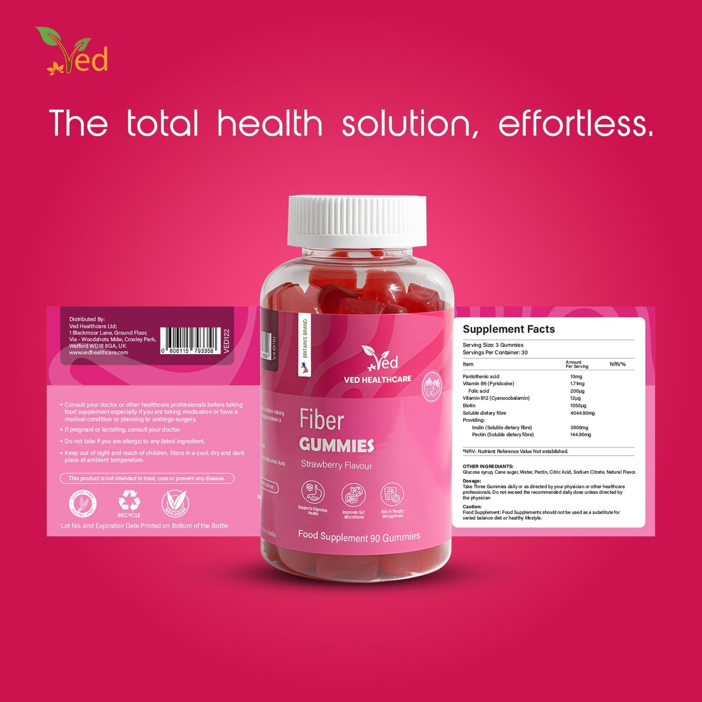 Ved Fiber Gummies Strawberry Flavour Gummy 90 Count