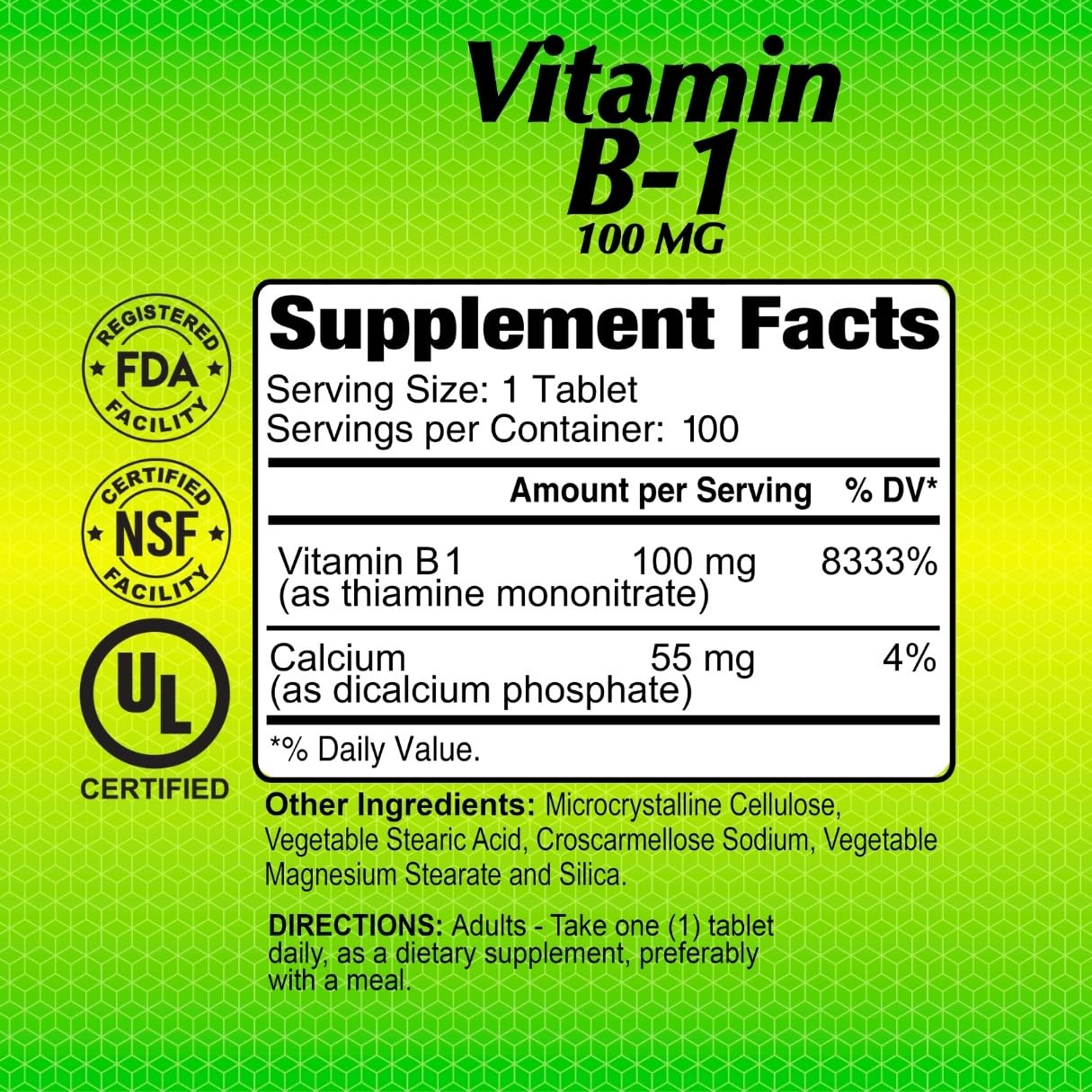 ALFA VITAMINS Vitamin B-1 100 mg Tablet, 100 Tablets