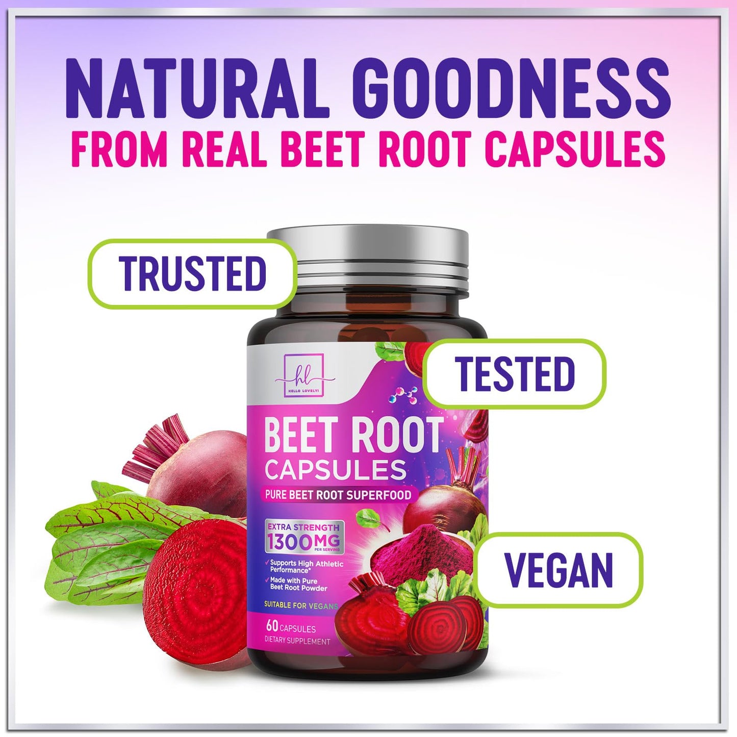 Hello Lovely! Organic Beet Root 1300mg Per Serving - Extra Strength Beetroot Supplement, Supports Athletic Performance, Vitality & Immune System, Best Beet Root Powder, Non-GMO, Bottled USA, 60 Capsules