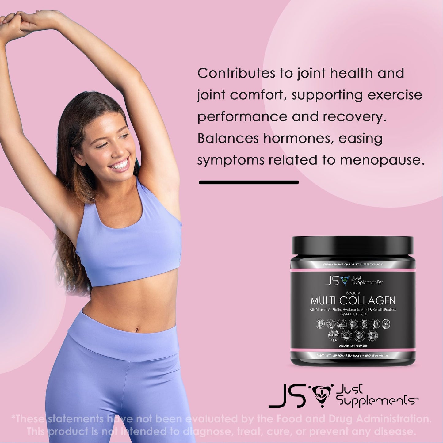 JS JUST SUPPLEMENTS Beauty Multi Collagen with Vitamin C, Biotin, Hyaluronic Acid & Keratin Peptides, Type I, II, III, V, X Powder, 8.4 oz