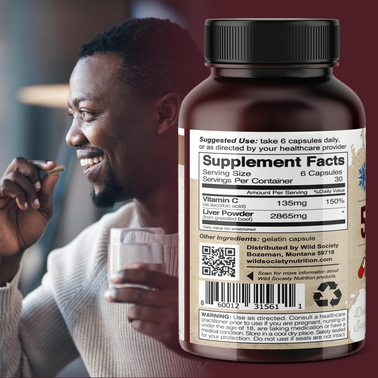 WILD SOCIETY USA Grass Fed Beef Liver Capsules, 180 Count