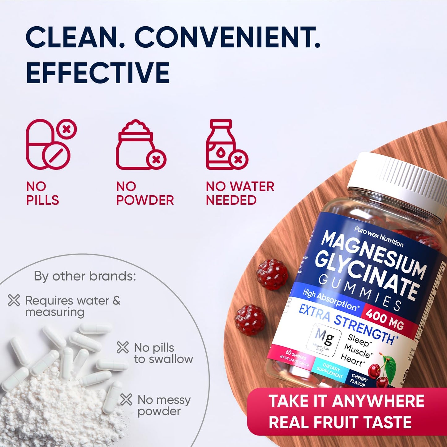 PURA WEX NUTRITION Magnesium Glycinate Gummies 400mg Extra Strength Cherry Flavor, 60 Count