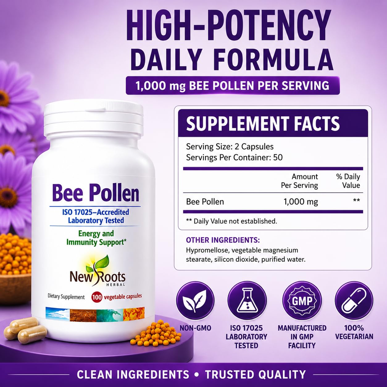 New Roots Herbal Pure Bee Pollen Capsules, 100 Count