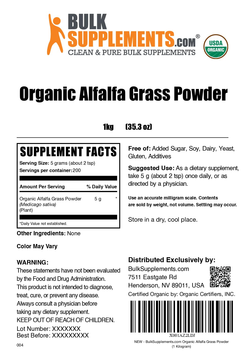 BulkSupplements Organic Alfalfa Grass Powder, 35.27 oz