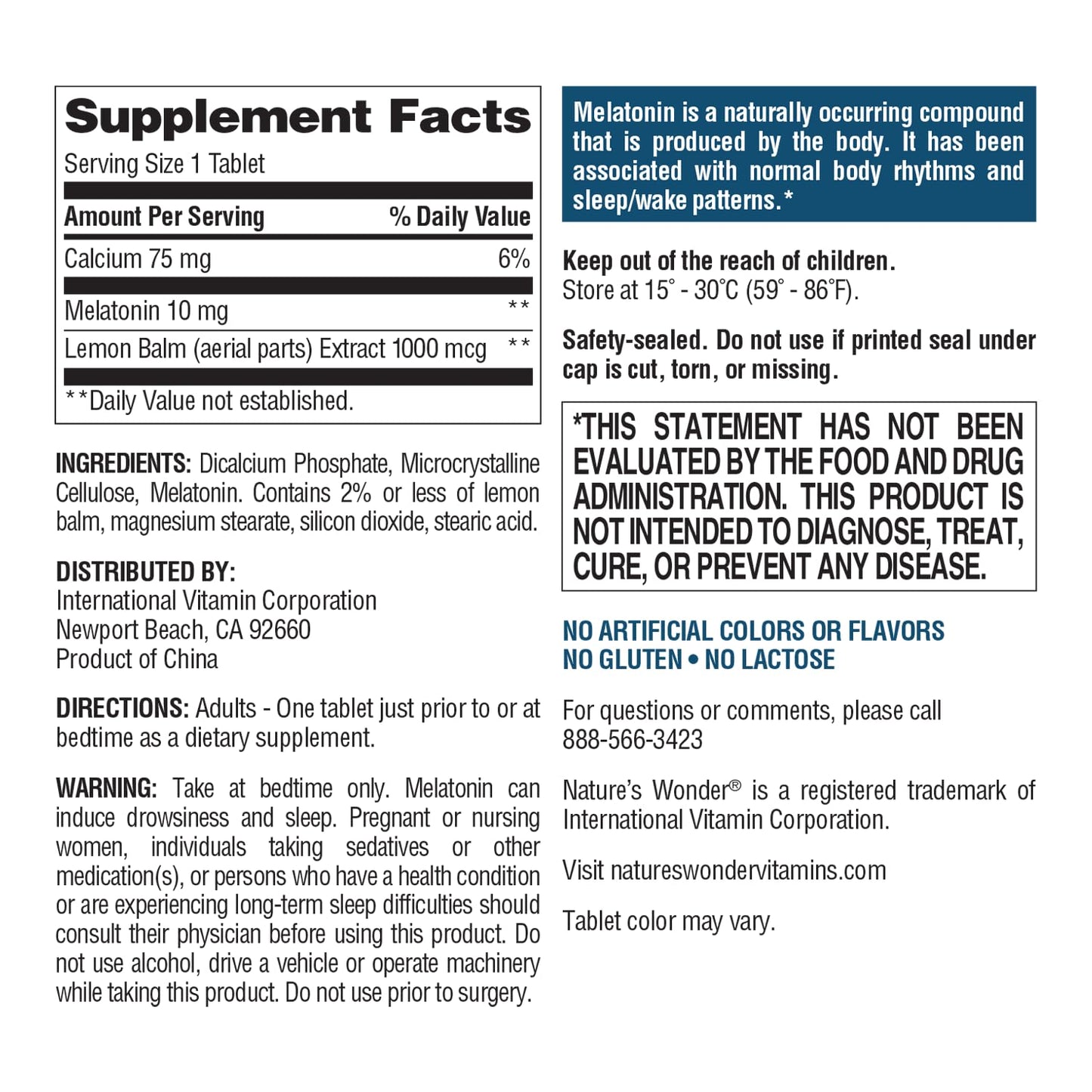 Nature's Wonder Drug-Free Melatonin 10 mg with Lemon Balm Tablets, 100 Count
