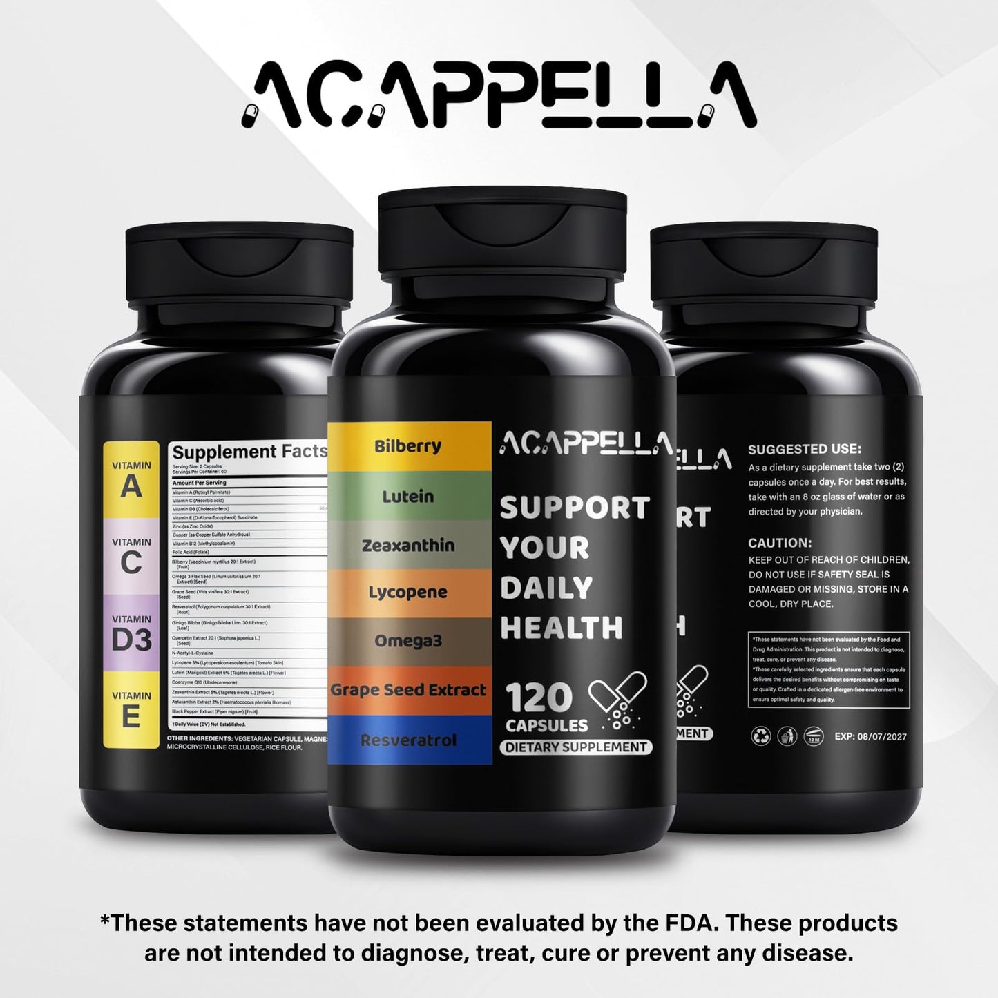 ACAPPELLA Bilberry Lutein Zeaxanthin Lycopene Omega-3 Grape Seed Extract Resveratrol Capsule, 120 Count