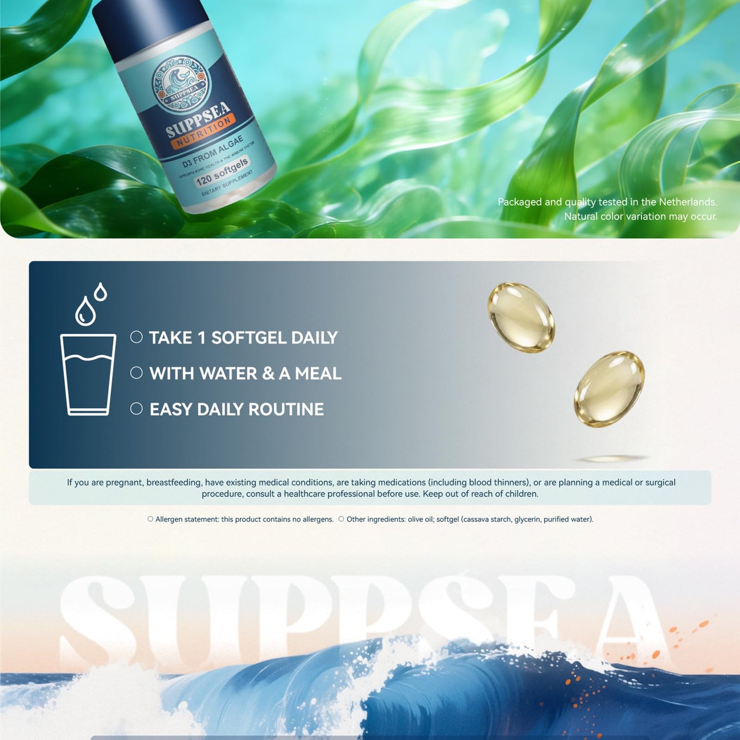 SUPPSEA Vegan Vitamin D3 75 mcg from Algae, Extra Virgin Olive Oil Softgels, 120 Softgels