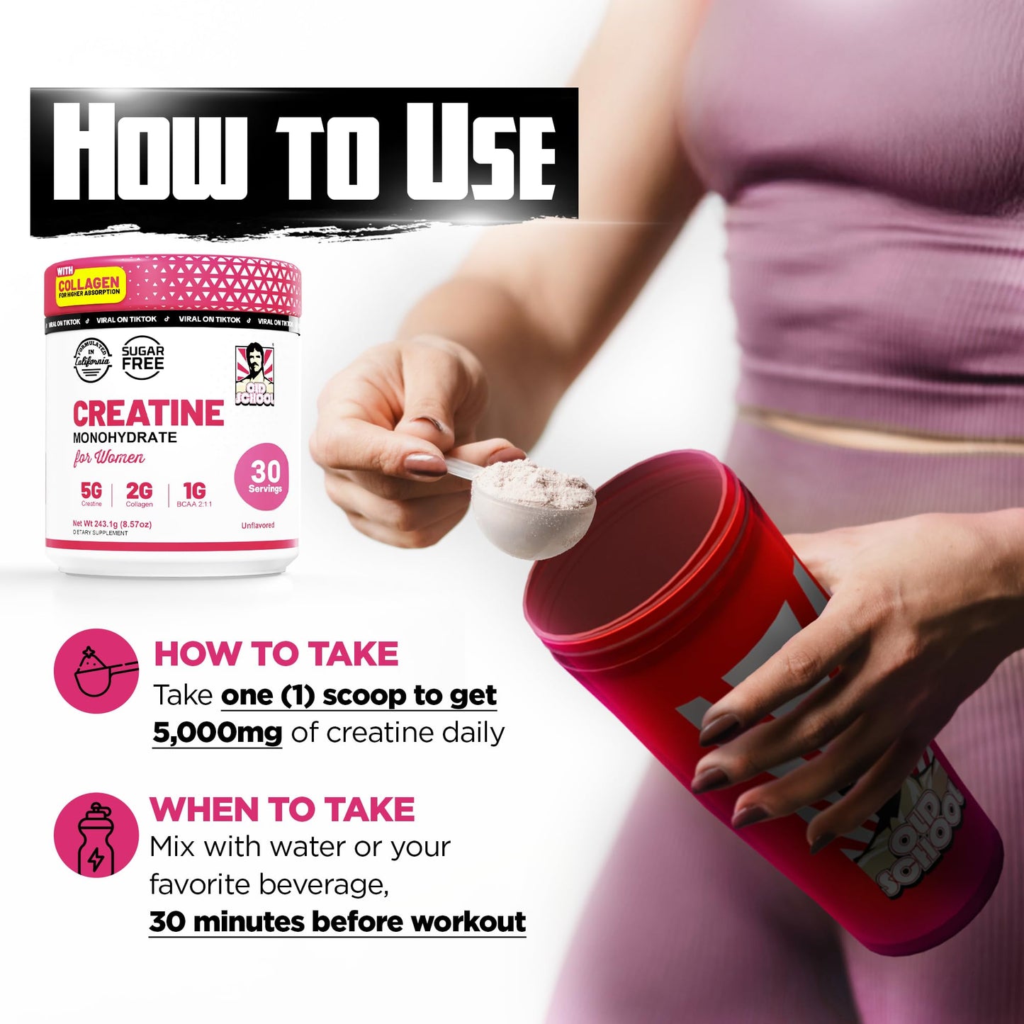 Old School Labs Creatine for Women – Post-Workout Supplement with 5000mg Creatine Monohydrate, 2000mg Collagen & BCAA 2:1:1 for Strength Support & Recovery, Unflavored, Powder, 8.57 Ounce