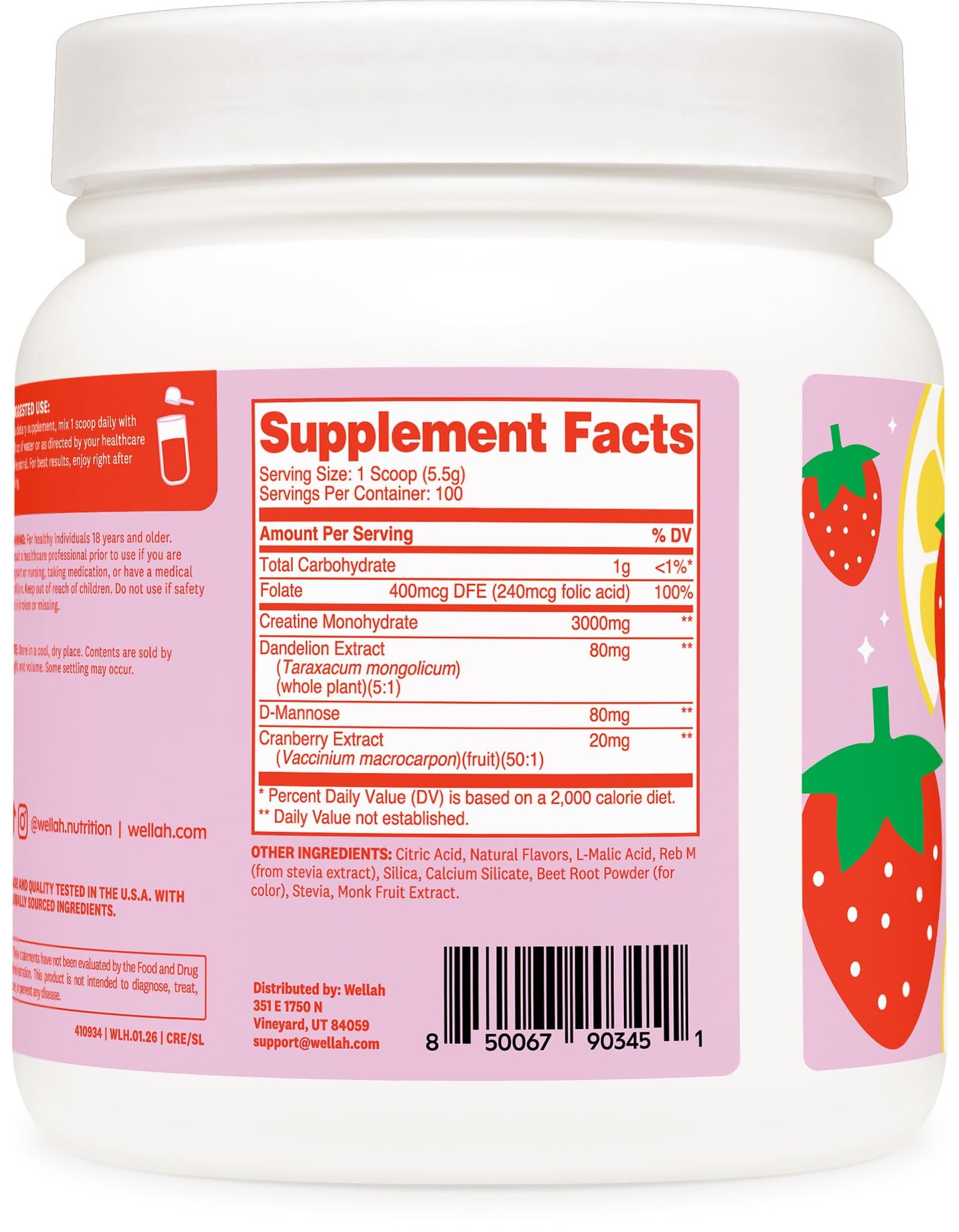 Wellah Creatine for Women - Creatine Monohydrate with Dandelion & Cranberry Extract, Powder, 100 Servings