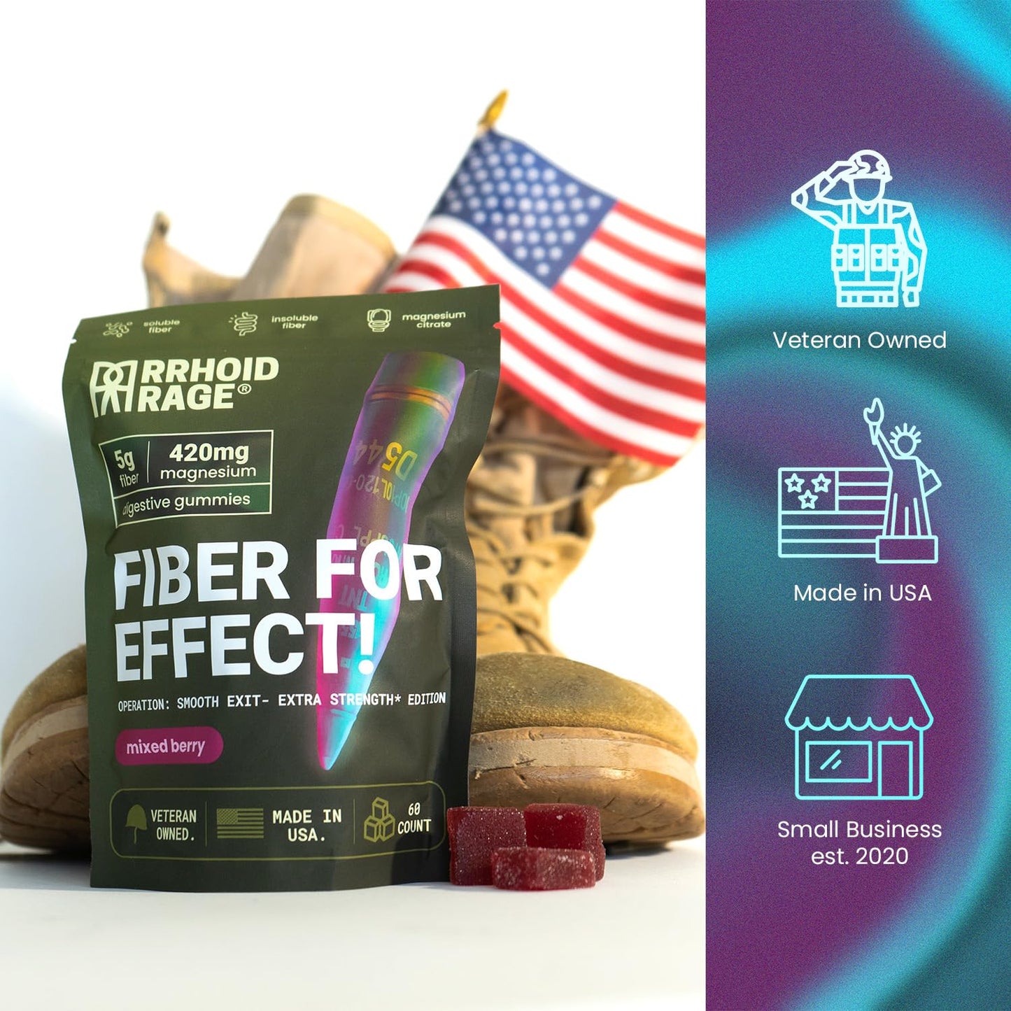 Rrhoid Rage Fiber Gummies with Magnesium Citrate Extra Strength Gut & Bowel Support, Mixed Berry Flavor, Non-GMO, Gluten-Free, Vegan, Constipation Relief Supplement, 60 Gummies