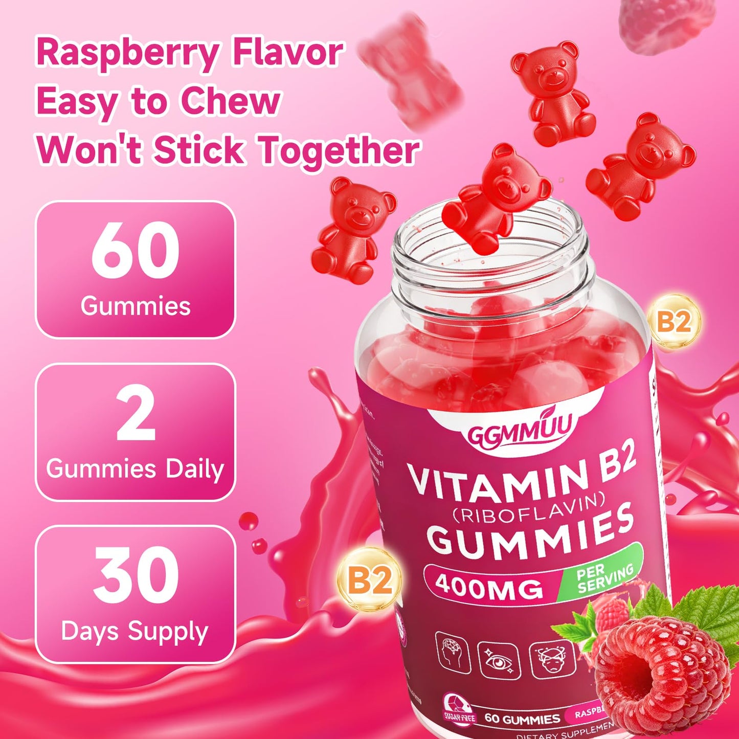 GGMMUU Vitamin B2 Gummies Riboflavin 400mg Supplement with Magnesium, 120 Count