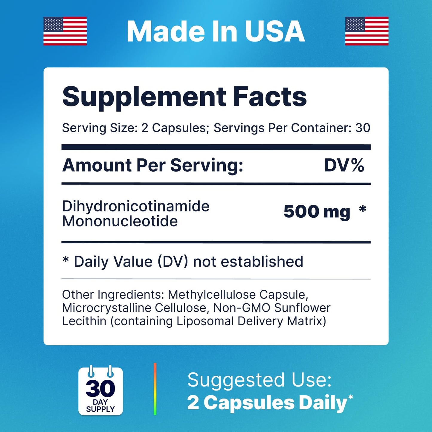 AdvantageNutra Liposomal NMNH (Dihydronicotinamide Mononucleotide) 500mg - NR Supplement Alternative - Anti Aging NAD Supplement to Boost NAD Plus Levels, Energy, Focus - High Purity 120 Capsules