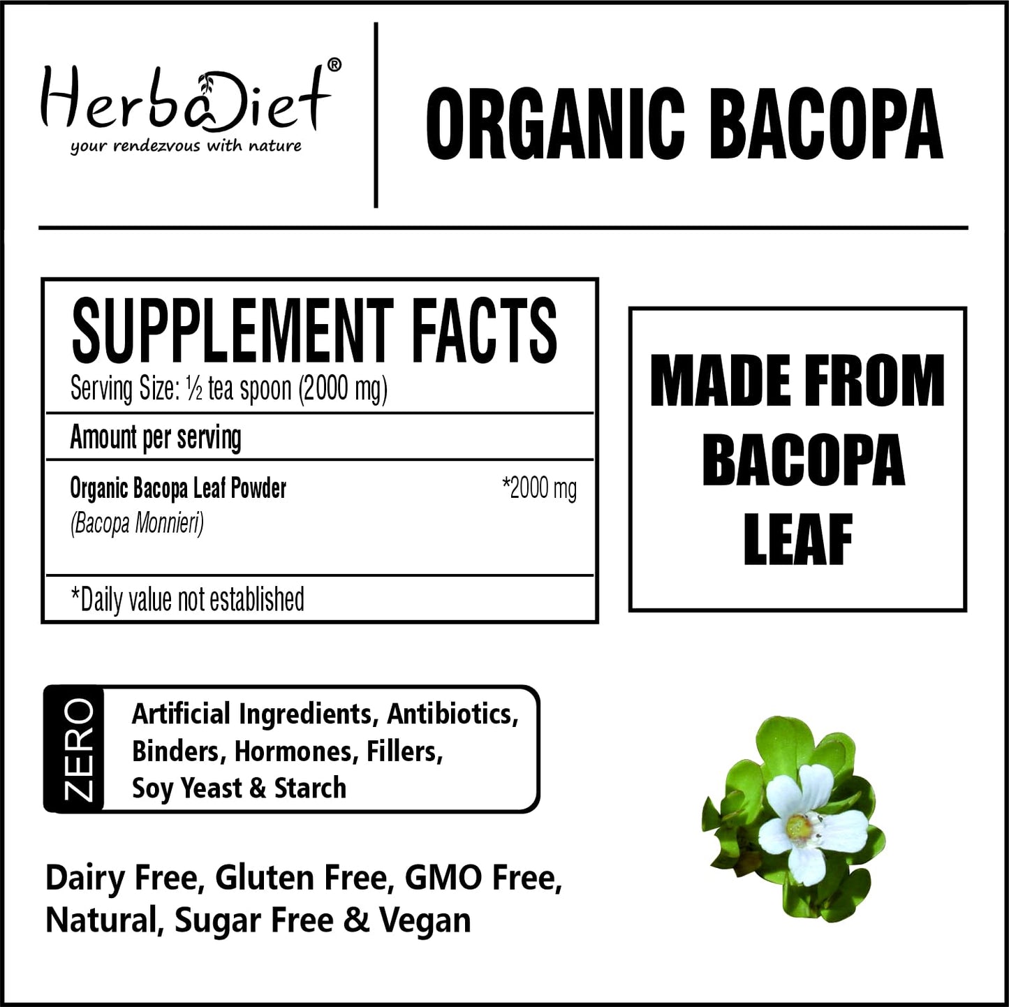 Herbadiet Organic Bacopa Monnieri Powder 8 oz
