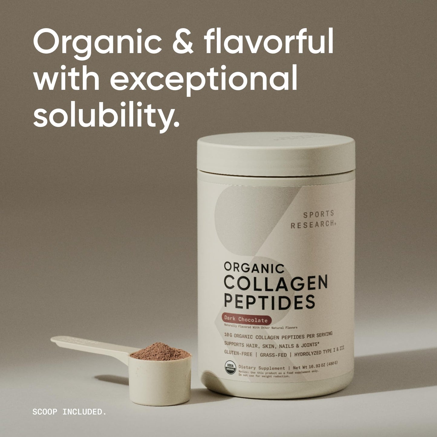 Sports Research Organic Collagen Peptides - Hydrolyzed Type I & III Collagen - Sustainable & Traceable Formula - Chocolate Powder 16.93