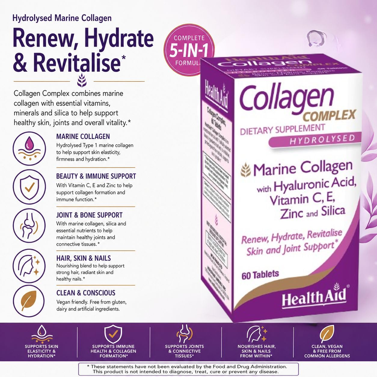 HealthAid Marine Collagen Complex – Hydrolyzed Collagen with Hyaluronic Acid, Vitamin C, E & Zinc – Supports Skin Hydration, Elasticity & Healthy-Looking Skin, 60 Tablets