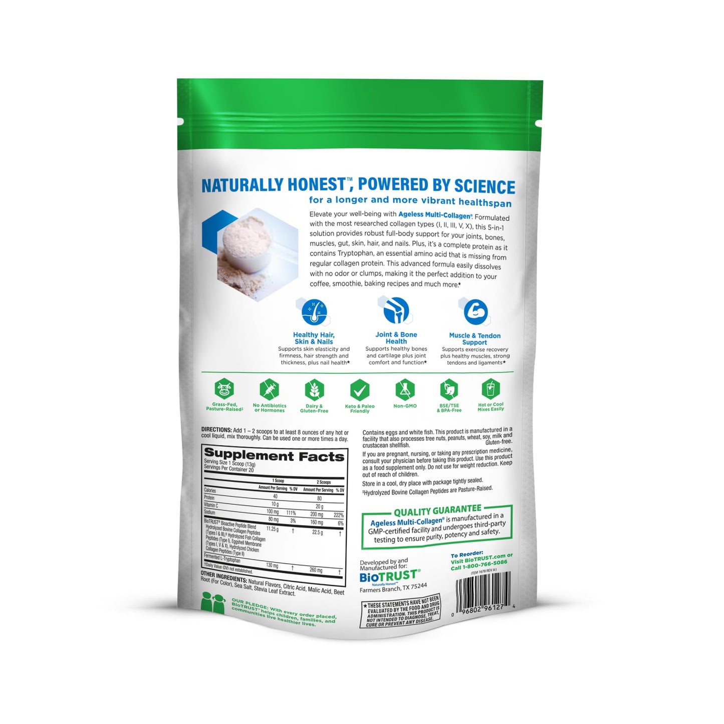 BioTrust Ageless Multi Collagen Peptides Powder - 5 Types (I, II, III, V, X) - Fruit Punch - 20 Servings