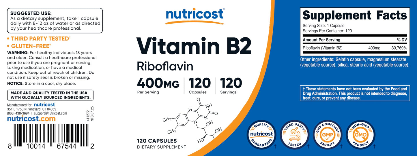 Nutricost Vitamin B2 (Riboflavin) 400mg 360 Capsules