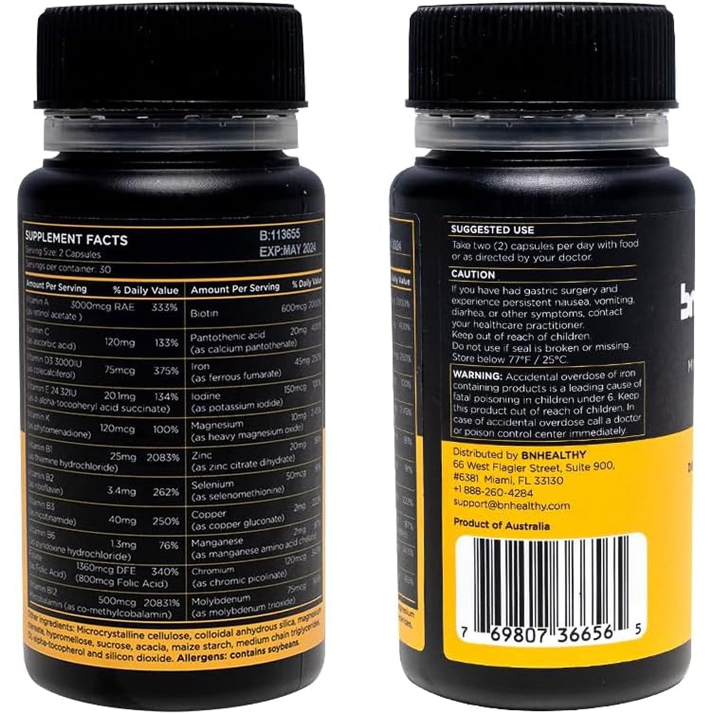 BNHealthy Multivitamin Capsule for Men and Women, 22 Essential Vitamins and Minerals with Iron, B12, D3, Zinc and Biotin, 120 Count