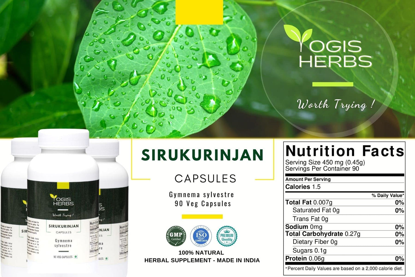 YOGIS HERBS Sirukurinjan Capsules (Gymnema Sylvestre) – Herbal Supplement for Digestive, Metabolic, and Immune Support – 90 Veg Capsules