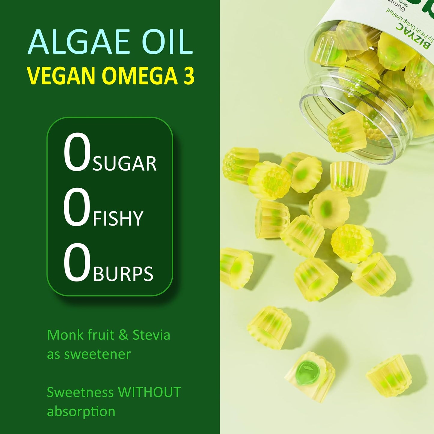 BIZYAC Algae Omega-3 Gummies 2200mg from Algae Oil, DHA 640mg & EPA 290mg, 60 Gummies
