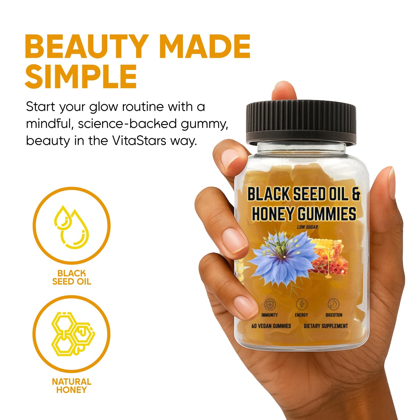 Vitastars Black Seed Oil & Honey Gummies with Black Cumin Seed Oil, Vitamin C, Turmeric & Biotin, Immune Support, 60 Gummies