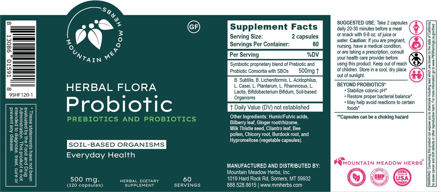 Mountain Meadow Herbs Herbal Flora Probiotics and Prebiotics: Soil-Based Probiotic, 120 Capsules