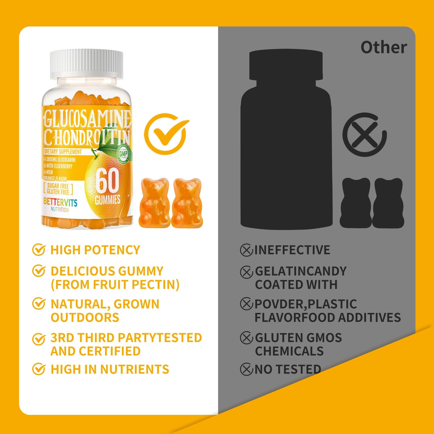 Bettervits Nutrition Glucosamine Chondroitin Gummies with MSM & Elderberry Extra Strength Joint Support, Antioxidant Immune Support, 60 Count
