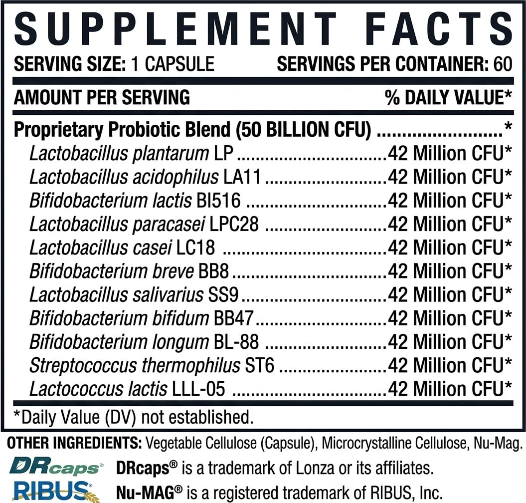 UGN 50 Billion CFU Probiotics, 12 Strains Delayed Release Probiotic Supplement for Digestive & Gut Health, Gluten-Free & Vegan Caplets, 60 Caplets