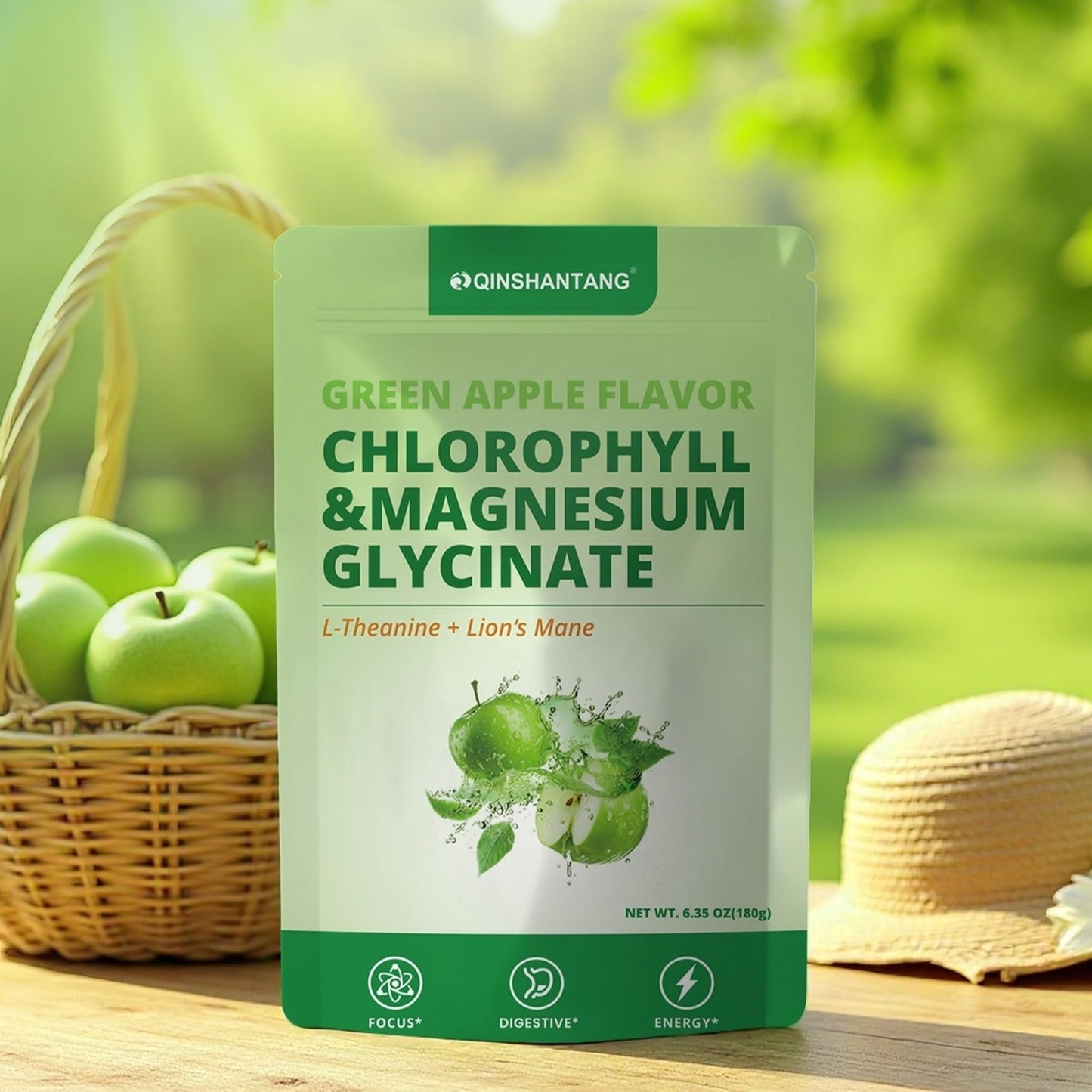 QIN SHAN TANG Magnesium Glycinate & Chlorophyll Powder with L-Theanine, Lion's Mane, 6.35 Ounce
