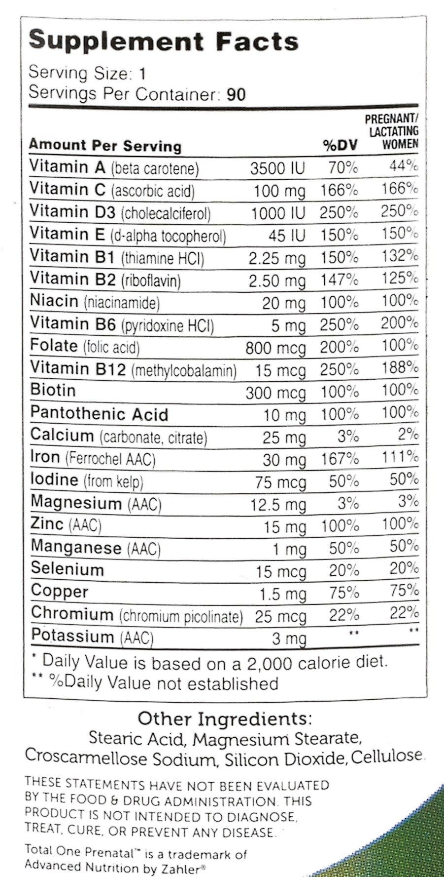Zahler Total One Prenatal Vitamins for Women Capsules 90 Count