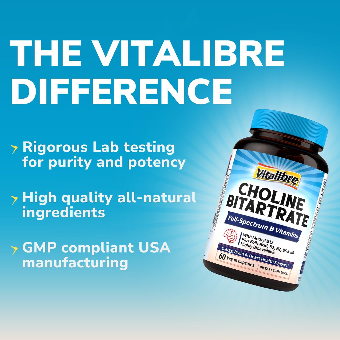 Vitalibre Choline Bitartrate 300mg with Folate, Methyl B12, Niacinamide, Non-GMO Bioavailable Complex, Energy, Brain, Liver Support, 60 Capsules