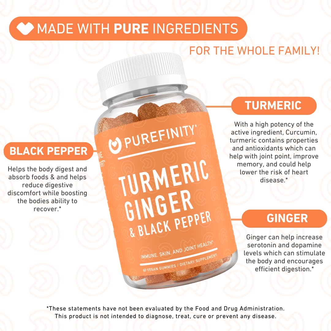 PUREFINITY Turmeric and Ginger Supplement Gummies with Black Pepper, Joint Support Curcumin Chewables, 60 Count