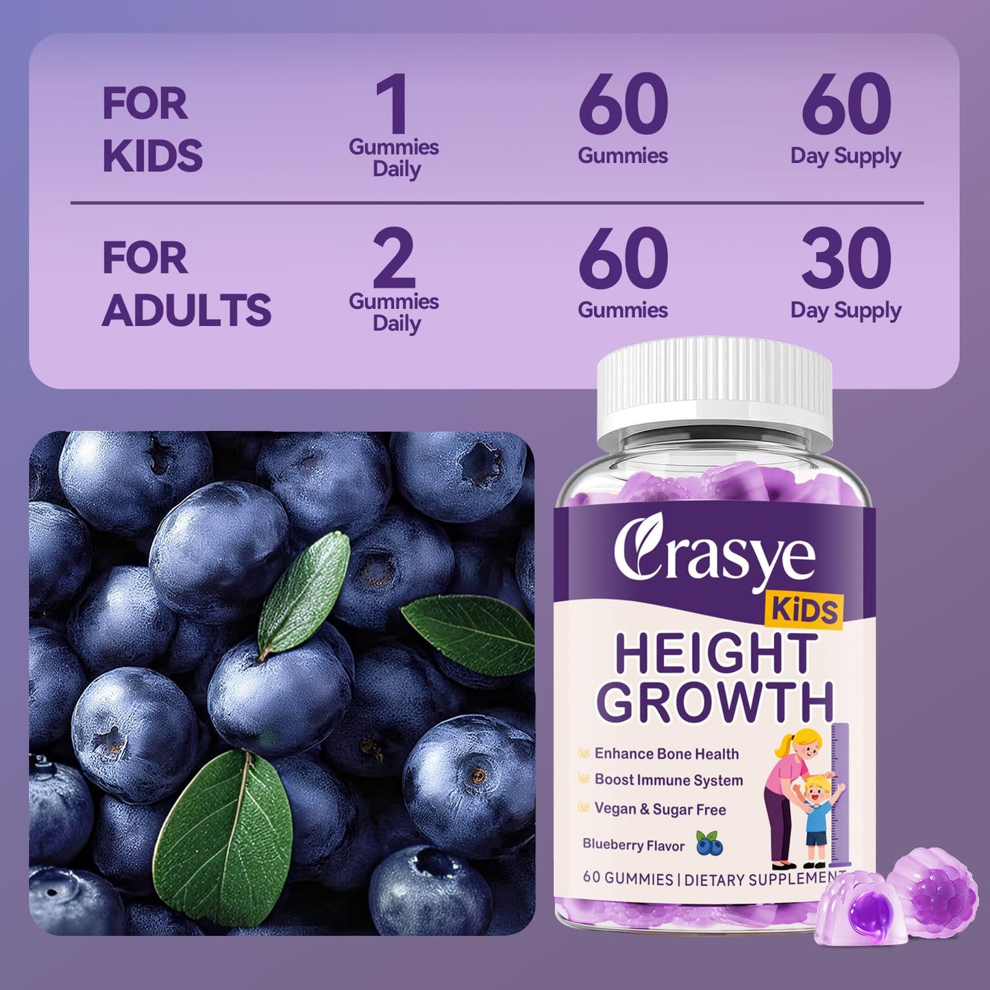 Crasye Height Growth Gummies for Kids & Teens Support Bone Strength and Immunity, 60 Count