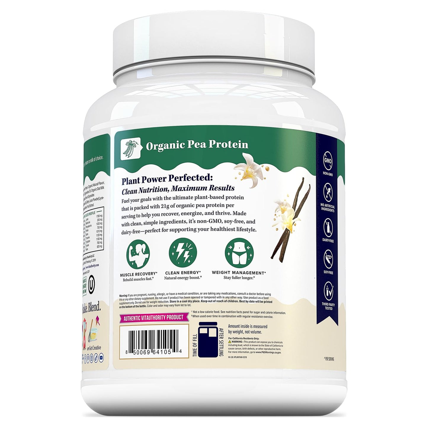 Vitauthority Organic Plant Based Protein for Women Complete Vegan Protein Powder with BCAAs & MCTs Plant-Based 21g Vanilla Flavored, Dairy-Free, Gluten-Free, No Added Sugar, Supports Muscle Recovery, 34.6 oz