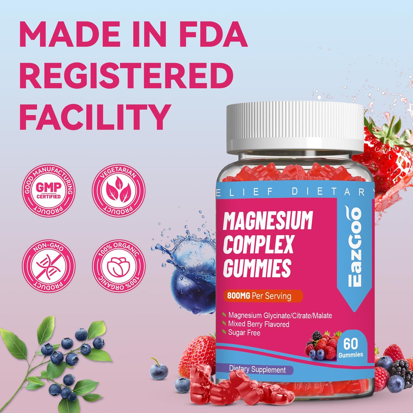 EAZGOO Magnesium Gummies 800mg - Vitamin D3, C, B6, B12 & Zinc Complex with Magnesium Glycinate, Citrate & Malate, 120 Gummies